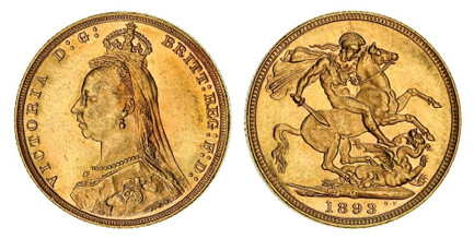 1084784 AUSTRALIA. Victoria. 1893-M AV Sovereign. NGC MS63.  Melbourne. 21mm. 7.976gm. Jubilee bust, left; normal J.E.B. on truncation / St. George slaying the dragon. KM 13; SCBC-3867C; Marsh 137; DISH M18.

Please use this link to verify the NGC...