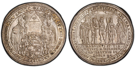 1083783 AUSTRIAN STATES. Salzburg. Maximilian Gandolph. 1682 PS AR Thaler. PCGS MS63.  ANNO M•DC•LXXXII•FUNDATI ARCHIEPISCOPAT9 SALISB:VNDECIMO SÆCULO•. Figures of St. Rupert, right holds a salt cellar in his right hand and a crozier in his left, ...