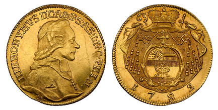 1085667 AUSTRIAN STATES. Salzburg. Hieronymus von Colloredo. (Prince-Archbishop of Salzburg, 1772-1803). 1782 M AV Ducat. NGC MS62.  3.5gm. HIERONYMVS D · G · A · ... Bust right / Cardinals' hat above oval, mantled shield, crown above, date below....