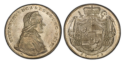 1085049 AUSTRIAN STATES. Salzburg. Hieronymus von Colloredo. (Prince-Archbishop of Salzburg, 1772-1803). 1791 M AR Thaler. PCGS MS63.  28.04gm. HIERONVMVS .... Bust right / Cardinal's hat above mantled shield, crown above, date below. KM 465; Dav....