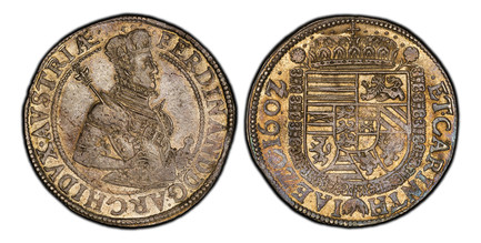 1085028 AUSTRIA. Ferdinand II. 1602/9 AR Thaler. PCGS MS61.  Klagenfurt. Crowned and armored half figure with scepter on shoulder right in inner circle / Crowned flat-topped arms in Order collar of The Golden Fleece, date in legend at upper left. ...