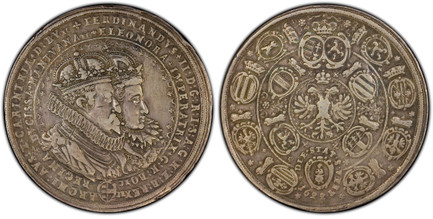 1086124 AUSTRIA. Ferdinand II. (King, 1619-1637). 1622 AR Medallic 2-1/4 Thaler. PCGS XF45.  St. Veit  (Klagenfurt). 50mm. Crowned conjoined busts, right / Concentric rings of crowned shields of arms; crowned double-headed imperial eagle at center...