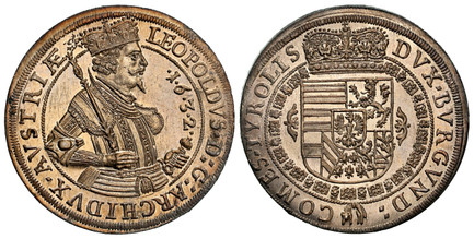 1084423 AUSTRIA. Leopold. 1632 AR Thaler. NGC MS64.  Hall. 42mm. LEOPOLDVS · D: G: ARCHIDVX · AVSTRIÆ. Crowned 1/2-length figure right with scepter and sword / DVX · BVRGVND: — COMES · TIROLIS. Crowned arms within Order chain. KM 629.4; Dav.-3338B...