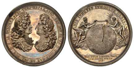 1079098 AUSTRIA. Karl (Charles) VI. 1714 AR Medal. NGC MS63.  FEL TEMP REPARATIO CAROLVS VI D G ROM IMP ET LVD XIIII D G FR ET NAV REX. Laureate, draped, and armored busts of Charles VI and Louis XIV facing / HIS IVNCTIS IVNGITVR ORBIS// VNA DVOS ...