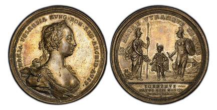1083781 AUSTRIA. Maria Theresa. (Holy Roman Empress, 1740-1780) . 1741 AR Medal. PCGS MS63.  By A. Vestner. 44.4mm. 29.63gm. Diadem bust right in ornate gown and cloak / The young Archduke stands facing forward wearing a hat, cloak, and saber. All...