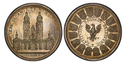 1083766 AUSTRIA. MDCCXCI (1791) AR Medal. PCGS MS62.  By J. J. Neus (the Elder). Edge: Plain. 50.76mm. 41.70gm. CAPITVLVM REGNANS BRIXINENSE. Sixteen shields of arms of the canons around; branch at 12 o'clock position; legend and eagle with crozie...