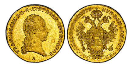 1085040 AUSTRIA. Franz II (I). 1823-A AV Ducat. PCGS MS61.  Vienna. 3.50gm. Laureate bust right / ...GAL. LOD. IL. REX. A. A. Crowned imperial double eagle. KM 2170; Frühwald 76.

Please use this link to verify the PCGS certification number <a hre...