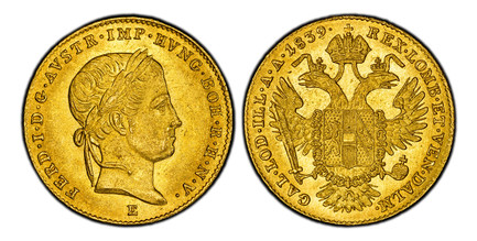 1085042 AUSTRIA. Ferdinand I. 1839-E AV Ducat. PCGS MS63.  Karlsburg. 3.50gm. Laureate head, right / Crowned imperial double eagle. KM 2262; Frühwald 719.

Please use this link to verify the PCGS certification number <a href="http://www.pcgs.com/c...