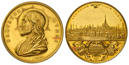 1085681 AUSTRIA. Vienna. (1843-56) AV Medallic 6 Ducats. NGC PR62 Cameo.  By Konrad Lange. Vienna. Edge: (A). 34mm. 20.87gm. SALVATOR MVNDI. Nimbate half-length bust of Christ left / SVB VMBRA ALARVM TVARVM. City view of Vienna, small crowned doub...