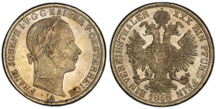 1085046 AUSTRIA. Franz Joseph I. (Emperor, 1848-1916). 1858-A AR Thaler. PCGS MS63.  Vienna. 18.50gm. Laureate head right / Crowned imperial double eagle. KM 2244; Frühwald 1396.

Please use this link to verify the PCGS certification number <a hre...