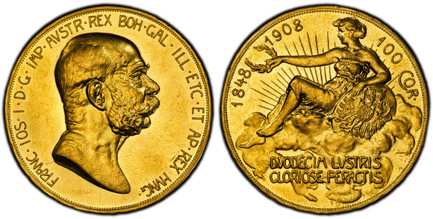 1085047 AUSTRIA. Franz Joseph I. (Emperor, 1848-1916). 1908 AV 100 Corona. PCGS MS61.  By Rudolf Marschall & Rudolf Neuberger. Kremnitz. Edge: Incuse lettering, VIRIBVS VNITIS. FRANC·IOS·I·D·G·IMP·AVSTR·REX BOH·GAL·ILL·ETC·ET AP·REX HUNG·. Head ri...