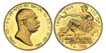1085072 AUSTRIA. Franz Joseph I. (Emperor, 1848-1916). 1908 AV 100 Corona. NGC PR61 Cameo.  Kremnitz. Edge: Incuse lettering, VIRIBVS VNITIS. FRANC·IOS·I·D·G·IMP·AVSTR·REX BOH·GAL·ILL·ETC·ET AP·REX HUNG·. Head right / 1848 1908 100 COR · with DVOD...