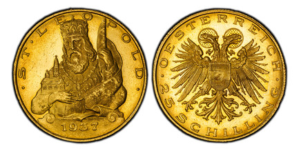 1085050 AUSTRIA. First Republic. (1918-1938). 1937 AV 25 Schilling. PCGS PL64 (Prooflike).  By Joseph Prinz (Obv.); Edwin Grienauer (Rev.). 5.89gm. Haloed double eagle with Austrian shield on breast, value below / Half figure of St. Leopold, facin...