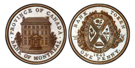 1085514 CANADA. Lower Canada. 1842 CU 2 Sous, PENNY. PCGS PR64BN (Brown).  Soho. PROVINCE OF CANADA-BANK OF MONTREAL. Front view of bank / BANK OF MONTREAL on ribbon. KM Tn19; PC-2B; Br.-526 .

Token Coinage.

Please use this link to verify the PC...