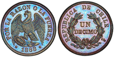 1084617 CHILE. 1868 CU Pattern Decimo. PCGS SP66BN (Brown).  By James B. Longacre and Anthony Paquet. Eagle standing with wings spread; looking to left and date in exergue / Denomination within wreath. KM Pn14 (cf. KM 136.2).

Presented to Santiag...