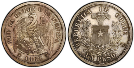 1084618 CHILE. 1868-So Silvered Copper Pattern Peso. PCGS SP61.  By James B. Longacre and Anthony Paquet. Santiago. Eagle standing with wings spread; looking to left and date in exergue / Plumed shield of arms within wreath; denomination in exergu...