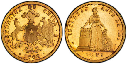1084621 CHILE. 1868 Gilt Copper Pattern 10 Pesos. PCGS SP64.  Allegorical figures standing looking to her left; denomination in exergue / Plumed shield of arms with supporters to either side; date in exergue. KM Pn23 (cf. KM 145).

Presented to Sa...