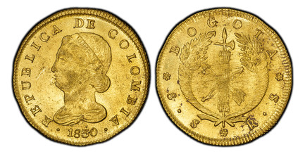 1085341 COLOMBIA. 1830 RS AV 8 Escudos. PCGS MS63.  Bogota. Head left / Fasces between cornucopias. KM 82.1; Fr.-67; Restrepo 165.19.

Please use this link to verify the PCGS certification number <a href="http://www.pcgs.com/cert/42722111/">427221...