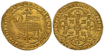 1085488 FRANCE. Jean II Le Bon. (King, 1350-1364). (1350-64) AV Mouton d'Or. NGC MS64.  4.72gm. Lamb and cruciform staff with flying banner / Floriated cross in quadrilobe, fleurs de lis in angles. Friedberg 280; Duplessy 291; Ciani 354.
Includes ...