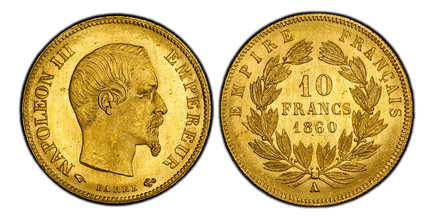 1083900 FRANCE. Napoleon III. (Emperor, 1852-1870). 1860-A (anchor)(hand) AV 10 Francs. PCGS MS65.  By Jacques-Jean Barre. Paris. Edge: Reeded. 19mm. 3.2258gm. NAPOLEON III EMPEREUR. Bare head, right / EMPIRE FRANÇAIS. Denomination and date within...