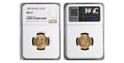 1085229 FRANCE. 1909 AV 20 Francs. NGC MS67.  By Jules-Clément Chaplain. Edge: LIBERTE EGALITE FRATERNITE. 21mm. 6.4516gm. Oak leaf wreath encircles liberty head right / Rooster divides denomination, date below. KM 857.

Please use this link to ve...