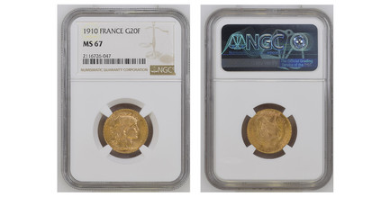 1085231 FRANCE. 1910 AV 20 Francs. NGC MS67.  By Jules-Clément Chaplain. Edge: LIBERTE EGALITE FRATERNITE. 21mm. 6.4516gm. Oak leaf wreath encircles liberty head right / Rooster divides denomination, date below. KM 857.

Currently the finest known...