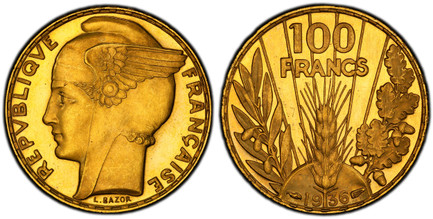 1081166 FRANCE. Third Republic. (1870-1940). 1936 AV 100 Francs. PCGS PR65DCAM (Deep-Cameo).  By L. Bazor. Paris. REPVBLIQVE FRANÇAISE. Winged head, left; signed below / 100 FRANCS. Denomination above grain sprig, date below, laurel and oak branch...