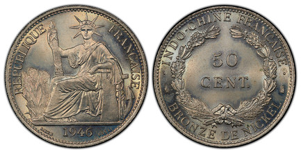 1084876 FRENCH INDO-CHINA. 1946-(a) Copper-Nickel Essai 50 Cents. PCGS SP67.  Paris. Liberty seated, date below / BRONZE DE NICKEL. Denomination within wreath. KM E41; Lecompte 264.

Please use this link to verify the PCGS certification number <a ...