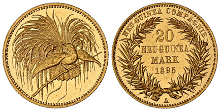 1085737 GERMAN NEW GUINEA. 1895-A AV 20 Mark. NGC MS63.  Berlin. Denomination and date in palm wreath / Bird of Paradise. KM 9; Jaeger 709; Fr.-1.

From a reported mintage of just 1,500 pieces for both Proof and Business Strikes.

Please use this ...