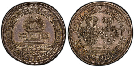 1084399 GERMAN STATES. Brandenburg-Obersteinbach. Erhard von Lentersheim. 1717 AR Pattern or Off-Metal Ducat. PCGS MS63.  Heraldic shields of arms of Baron Erhard von Leutersheim and that of his his wife / Altar with an open radiant Bible; date in...