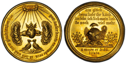 1083124 GERMAN STATES. Bremen. (1631-1660) ND AV Marriage Medal of 10 Ducats Weight. PCGS MS62.  By J. Blum (Bremen). 43mm. 36.88gm. GOTT UNSER HERZ... Two hands from clouds with a burning heart, below a pair of pigeons, on top the radiant name of...
