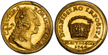 1083758 GERMAN STATES. Frankfurt Am Main. 1742 I.L. OE AV Ducat. PCGS MS61.  3.46gm. Head of Carl VII right / Imperial crown, below ELECT. D. 24 IAN/1742. KM 198; Förschner 255; Fr.-1003 (light variant); J. u. F. 747 (light variant).

Fully proofl...