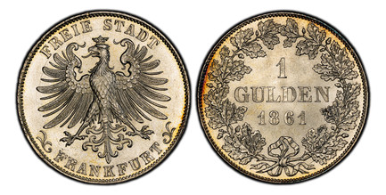 1083190 GERMAN STATES. Frankfurt Am Main. 1861 AR Gulden. PCGS MS66.  10.56gm. FREIE STADT, FRANKFURT below. Eagle with small arabesques / Denomination and date within oak wreath. KM 358; Jaeger 33; AKS 13.

Please use this link to verify the PCGS...