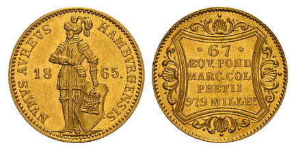 1085670 GERMAN STATES. Hamburg. 1865 AV Ducat. NGC MS64.  3.49gm. Knight with pointed shield / ...979 MILLES. Legend within ornamental frame. KM 579.

Currently the finest known at NGC as of November 2025
Ex The Traveller Collection; Purchased fro...
