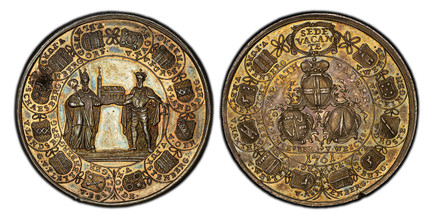 1083802 GERMAN STATES. Paderborn. Sede Vacante. 1761 AR Medal. PCGS MS63.  By J. Thiebaud. 43.56mm. 29.10gm. Saint Liborius with a crosier and Charlemagne with a sword together holding a model of the cathedral, surrounded by the coats of arms of 1...