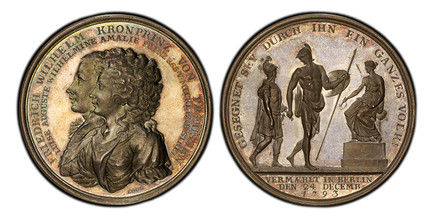 1083792 GERMAN STATES. Prussia. Friedrich Wilhelm II. 1793 AR Medal. PCGS MS63.  D. F. und F. W. Loos. 42.84mm. 28.14gm. Half-length busts, left; signed below truncation / Allegorical figure of Mars, the god of war, with shield and lance, leading ...