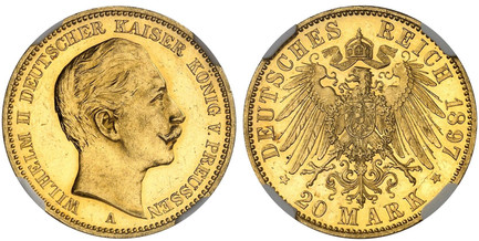 1085097 GERMAN STATES. Prussia. Wilhelm II. (Kaiser, 1888-1918). 1897-A AV 20 Mark. NGC PR63 Cameo.  Berlin. WILHELM II DEUTSCHER KAISER KONIG V. PREUSSEN. Head right / DEUTSCHES REICH date, 20 MARK below. Crowned imperial eagle, type III. KM 521;...