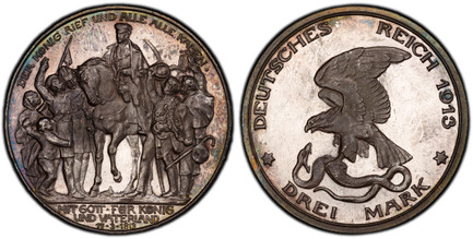 1083848 GERMAN STATES. Prussia. Wilhelm II. 1913-A AR 3 Mark. PCGS PR65.  Berlin. Edge: GOTT MIT UNS. DEUTSCHES REICH 1913 * DREI MARK *. Eagle with snake in talons, denomination below / DER KONIG RIEF UND ALLE ALLE KAMEN • // MITT GOTT • FUR KONI...