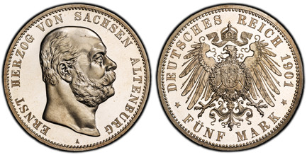 1085128 GERMAN STATES. Saxe-Altenburg. Ernst I. 1901-A AR 5 Mark. PCGS PR66 Cameo.  Berlin. Edge: GOTT MIT UNS. Head right / Crowned imperial eagle with shield on breast. KM 38. Proof; Jaeger 143.

Struck to commemorate Ernst's 75th Birthday. From...