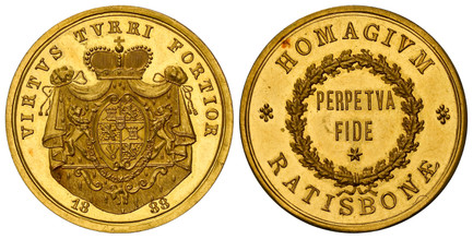 1084794 GERMAN STATES. Thurn And Taxis. Albert. (1881-1952). 1888 AV Ducat or Medallic Ducat. NGC MS64PL (Prooflike).  Edge: Plain. 3.82gm. VIRTVS TVRRI FORTIOR. Crowned mantled shield of arms divides date below / HOMAGIVM RATISBONÆ// PERPETVA/ FI...