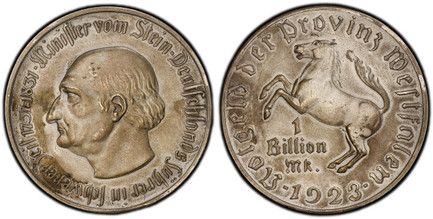 1085523 GERMANY, WEIMAR REPUBLIC. Westphalia. 1923 Silvered Maillechort 1 Billion Mark. PCGS MS64 Matte.  60mm. Portrait of Baron von Stein, left / White Horse of Westphalia, left. Funck-645.15A; cf. Jaeger Notgeld 28.

Notgeld inflationary coinag...