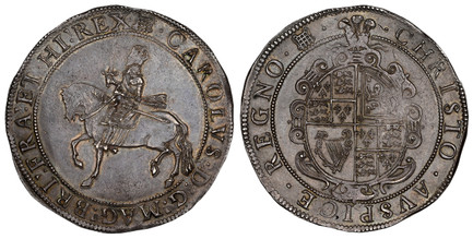 1086319 GREAT BRITAIN. England. Charles I. (King, 1625-1649). (1633-38) ND-(portcullis) AR Crown. NGC MS63.  Tower (London) mint. 29.92gm. King on horseback riding to left; wearing crown and holding sword upright / Plumes surmount ornate quartered...