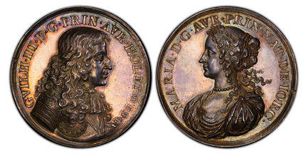 1084775 GREAT BRITAIN. William III, of Orange. (King, 1689-1702). (1677) ND AR Medal. PGS  MS62.  By Nicholas Chevalier. Edge: Plain. 42mm. GVILH • III • D • G • PRIN • AVR • HOL • ET • WES • GV •. Armored bust of William III, right / MARIA • D • ...