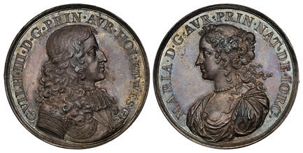 1085412 GREAT BRITAIN. William III, of Orange. (King, 1689-1702). (1677) ND AR Medal. NGC MS64.  By Nicholas Chevalier. Edge: Plain. 41.8mm. 24.98gm. Armored bust of William III, right / Bust of Mary of York, left. Eimer 256; Wellenh.-9247; MI 568...