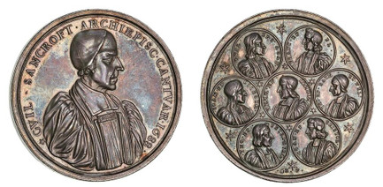 1084776 GREAT BRITAIN. England. Archbishop Sancroft and the Bishops. 1688 AR Medal. NGC MS61.  By G. Bower. Edge: Plain. 51mm. 53.81gm. * GVIL • SANCROFT • ARCHIEPISC • CANTVAR • 1688. Half-length bust right wearing cap and clerical robed / Seven ...