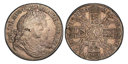 1086029 GREAT BRITAIN. England. William and Mary. (Monarchs, 1689-1694). 1691 AR Crown. PCGS VF30.  Edge: TERTIO. Conjoined busts of William and Mary right; I/E in legend / Cruciform crowned shields of arms; WM monogram in the angles. KM 478; SCBC...