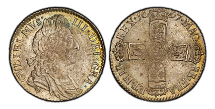 1085530 GREAT BRITAIN. England. William III. (King, 1694-1702). 1697 AR Sixpence. PCGS MS65.  Third bust right / Cruciform crowned arms, crown divides date, large crown. KM 496.1; SCBC 3538.

Please use this link to verify the PCGS certification n...