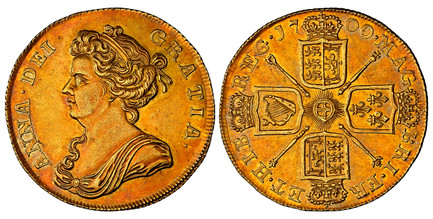 1086324 GREAT BRITAIN. Anne. (Queen, 1702-1714). 1709 AV Two Guineas. NGC AU58.  ANNA DEI - GRATIA ·. Bust left / MAG - BRI · FR - ET · HIB - REG ·. English and Scottish shield halved; eight strings in Irish harp. KM 531; SCBC-3569; ESC-454.

Cons...
