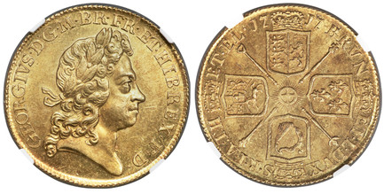 1086272 GREAT BRITAIN. George I. 1717 AV Two Guineas. NGC MS63.  GEORGIUS · D · G · M · BR · FR · ET · HIB · REX · F · D ·. Laureate head right / BRVN - ET · L · DVX - S · R · I · A · TH - ET · EL ·. Crowned shields in cruciform, sceptres at angle...