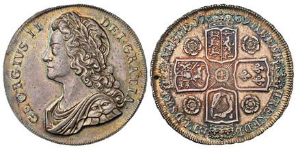 1086251 GREAT BRITAIN. George II. (King, 1727-1760). 1739 AR Crown. NGC MS60.  GEORGIVS · II · - DEI · GRATIA ·. Laureate bust left / F · D · B · - ET · L · D · S · R · I · - A · T · ET · E · - M · B · F · ET · - H · REX ·. Roses between shields. ...